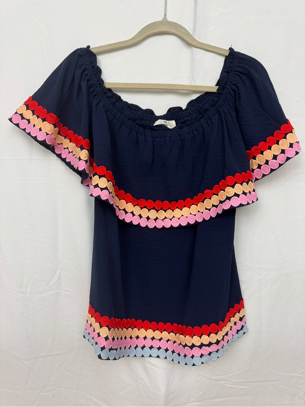 Entro Navy Off-Shoulder Embroidered Trim Women's Top